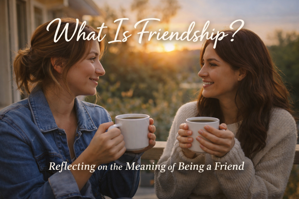 two women sitting and drinking coffee or tea out of a white mug smiling with sunset in hte background and the question what is friendship written on it.