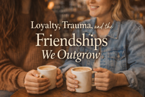 two females with white coffee mugs in their hands on a table with the title of the blog post overlayed