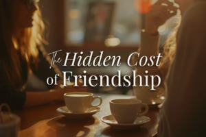 The Hidden Cost of Friendship featured image with coffee cups on a natural lit table and blurred arms of women around them